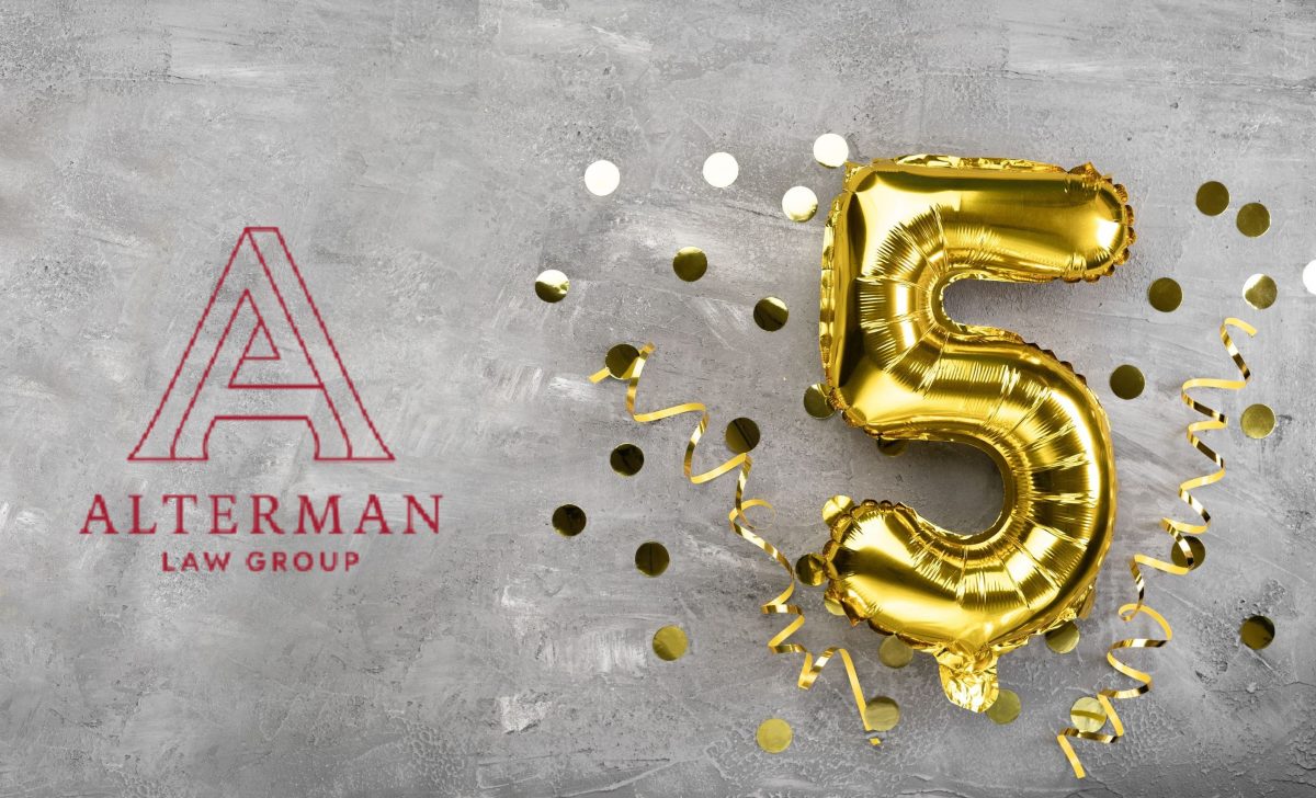 Alterman Law Group logo and gold balloon with "5"