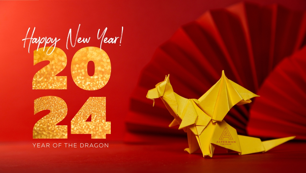 Image of Lunar New Year card, red background,yellow folded paper dragon